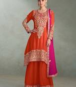 orange chiffon zari embroidery  sequined  plastic mirror & hand work semi stitched suit