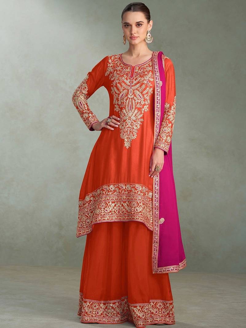 orange chiffon zari embroidery  sequined  plastic mirror & hand work semi stitched suit