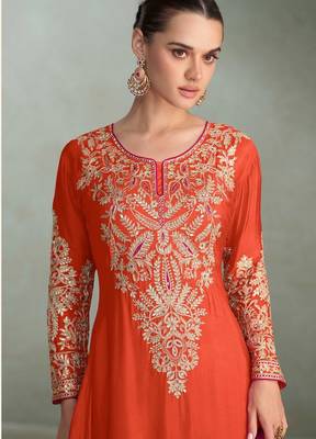 orange chiffon zari embroidery  sequined  plastic mirror & hand work semi stitched suit 2
