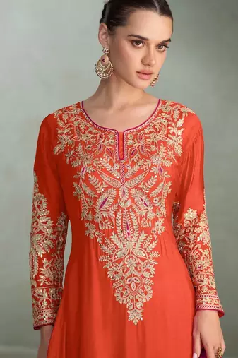 orange chiffon zari embroidery  sequined  plastic mirror & hand work semi stitched suit