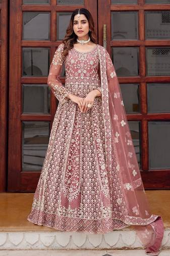 pink net embroidery  stone and real mirror work semi stitched suit