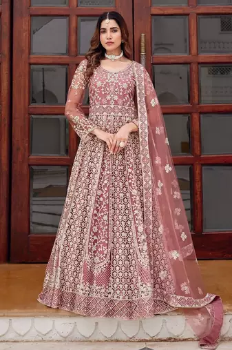pink net embroidery  stone and real mirror work semi stitched suit