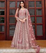 pink net embroidery  stone and real mirror work semi stitched suit