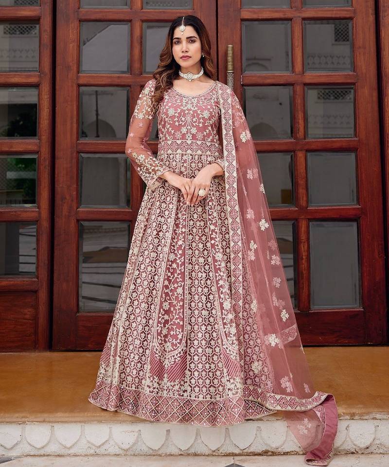 pink net embroidery  stone and real mirror work semi stitched suit