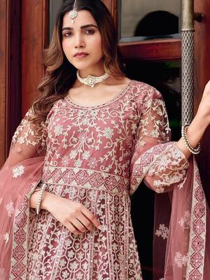 pink net embroidery  stone and real mirror work semi stitched suit 2