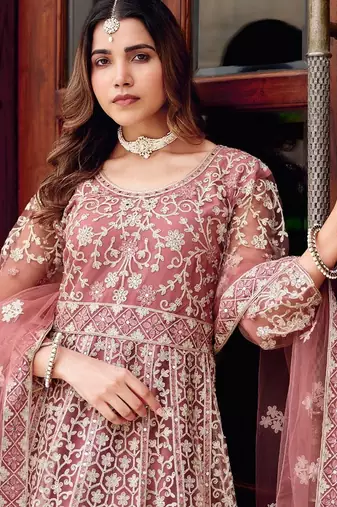 pink net embroidery  stone and real mirror work semi stitched suit