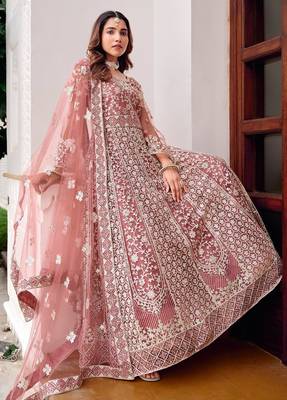 pink net embroidery  stone and real mirror work semi stitched suit 3