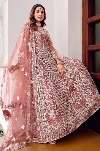 pink net embroidery  stone and real mirror work semi stitched suit
