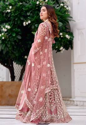 pink net embroidery  stone and real mirror work semi stitched suit 4