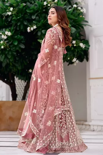 pink net embroidery  stone and real mirror work semi stitched suit