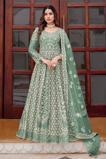 sea green net embroidery  stone and real mirror work semi stitched suit