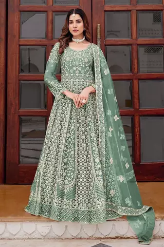 sea green net embroidery  stone and real mirror work semi stitched suit