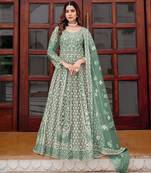sea green net embroidery  stone and real mirror work semi stitched suit