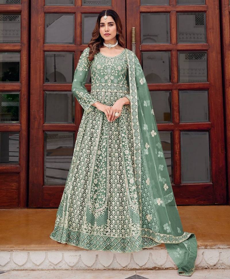 sea green net embroidery  stone and real mirror work semi stitched suit