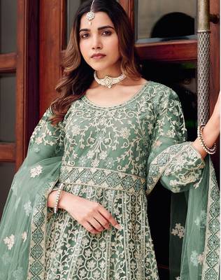 sea green net embroidery  stone and real mirror work semi stitched suit 2