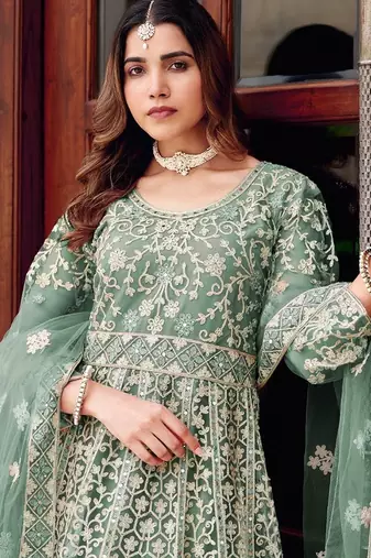 sea green net embroidery  stone and real mirror work semi stitched suit