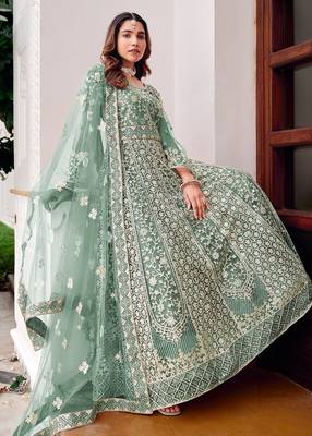 sea green net embroidery  stone and real mirror work semi stitched suit 3