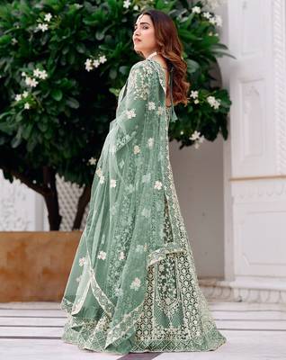 sea green net embroidery  stone and real mirror work semi stitched suit 4