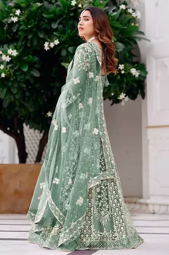 sea green net embroidery  stone and real mirror work semi stitched suit