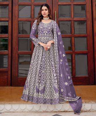 lavender net embroidery  stone and real mirror work semi stitched suit 1