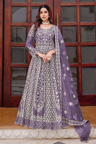 lavender net embroidery  stone and real mirror work semi stitched suit