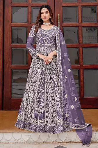 lavender net embroidery  stone and real mirror work semi stitched suit