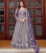 lavender net embroidery  stone and real mirror work semi stitched suit
