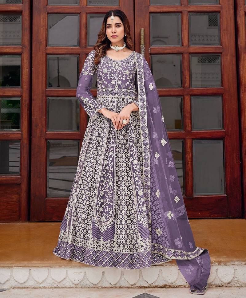 lavender net embroidery  stone and real mirror work semi stitched suit