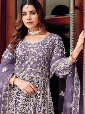 lavender net embroidery  stone and real mirror work semi stitched suit 2