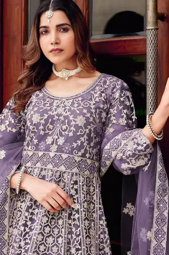 lavender net embroidery  stone and real mirror work semi stitched suit