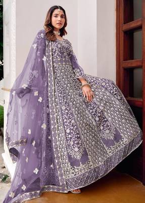 lavender net embroidery  stone and real mirror work semi stitched suit 3