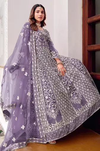 lavender net embroidery  stone and real mirror work semi stitched suit