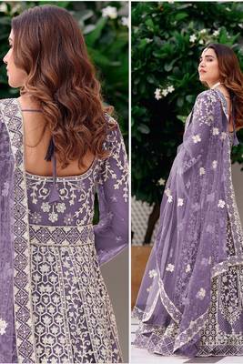 lavender net embroidery  stone and real mirror work semi stitched suit 4