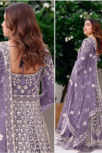 lavender net embroidery  stone and real mirror work semi stitched suit