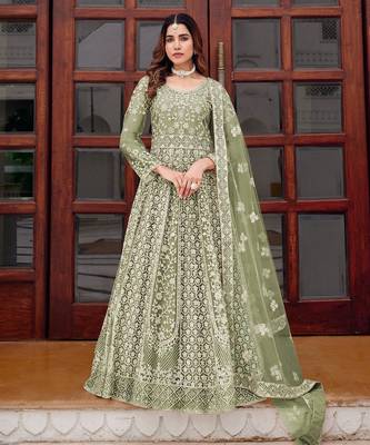 pista green net embroidery  stone and real mirror work semi stitched suit 1