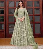 pista green net embroidery  stone and real mirror work semi stitched suit