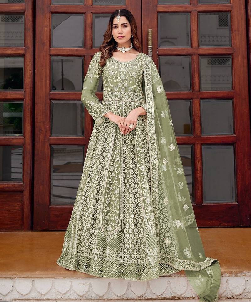pista green net embroidery  stone and real mirror work semi stitched suit