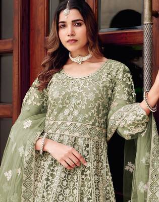 pista green net embroidery  stone and real mirror work semi stitched suit 2