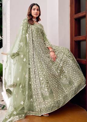 pista green net embroidery  stone and real mirror work semi stitched suit 3