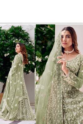 pista green net embroidery  stone and real mirror work semi stitched suit 4