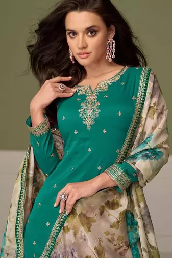 blue silk blend embroidered sequined & printed dupatta semi stitched suit
