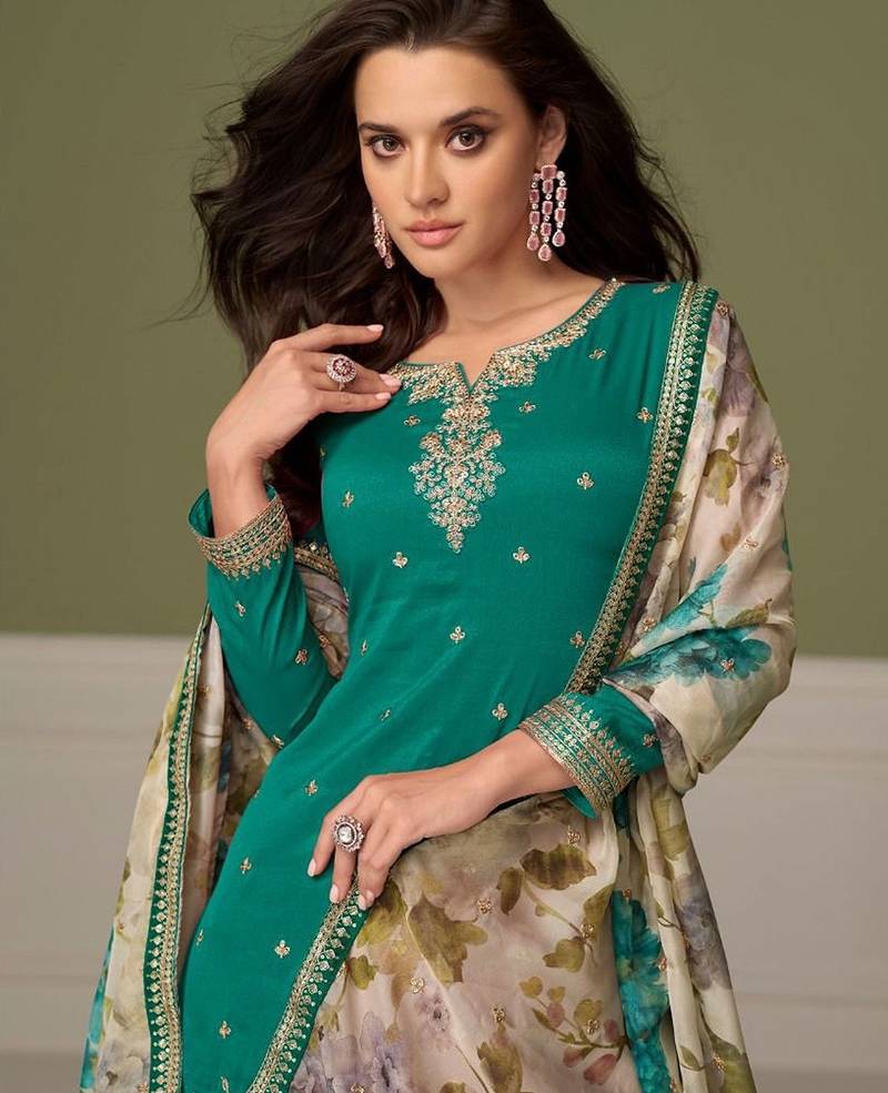 blue silk blend embroidered sequined & printed dupatta semi stitched suit