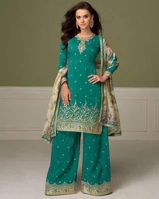 blue silk blend embroidered sequined & printed dupatta semi stitched suit 2