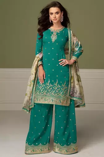 blue silk blend embroidered sequined & printed dupatta semi stitched suit