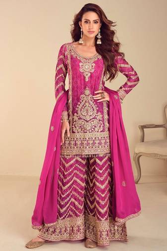 rani pink chiffon embroidery  sequined  hand work & digital printed semi stitched suit