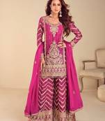 rani pink chiffon embroidery  sequined  hand work & digital printed semi stitched suit