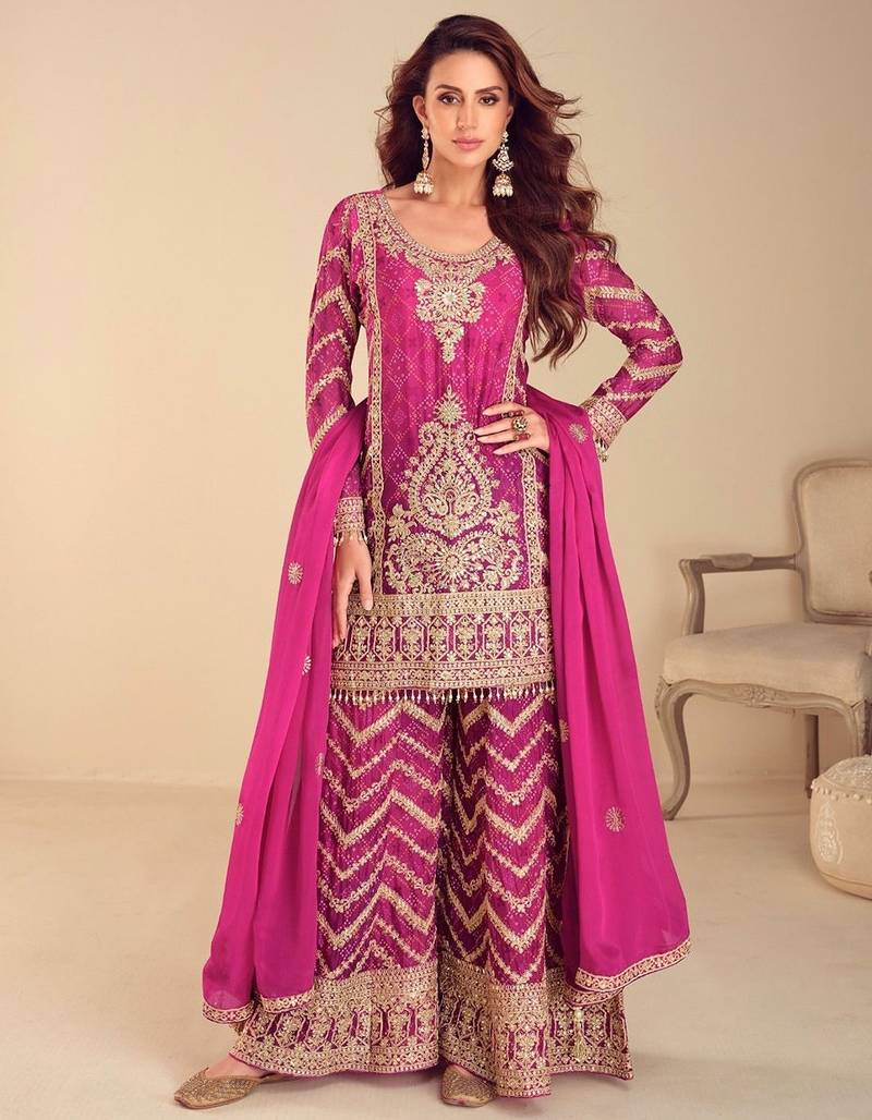 rani pink chiffon embroidery  sequined  hand work & digital printed semi stitched suit