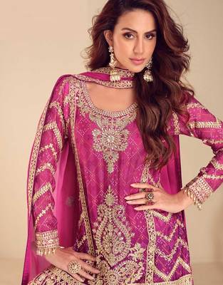 rani pink chiffon embroidery  sequined  hand work & digital printed semi stitched suit 2