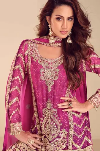 rani pink chiffon embroidery  sequined  hand work & digital printed semi stitched suit