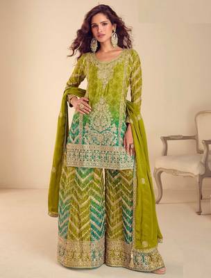 lime green chiffon embroidery  sequined  hand work & digital printed semi stitched suit 1